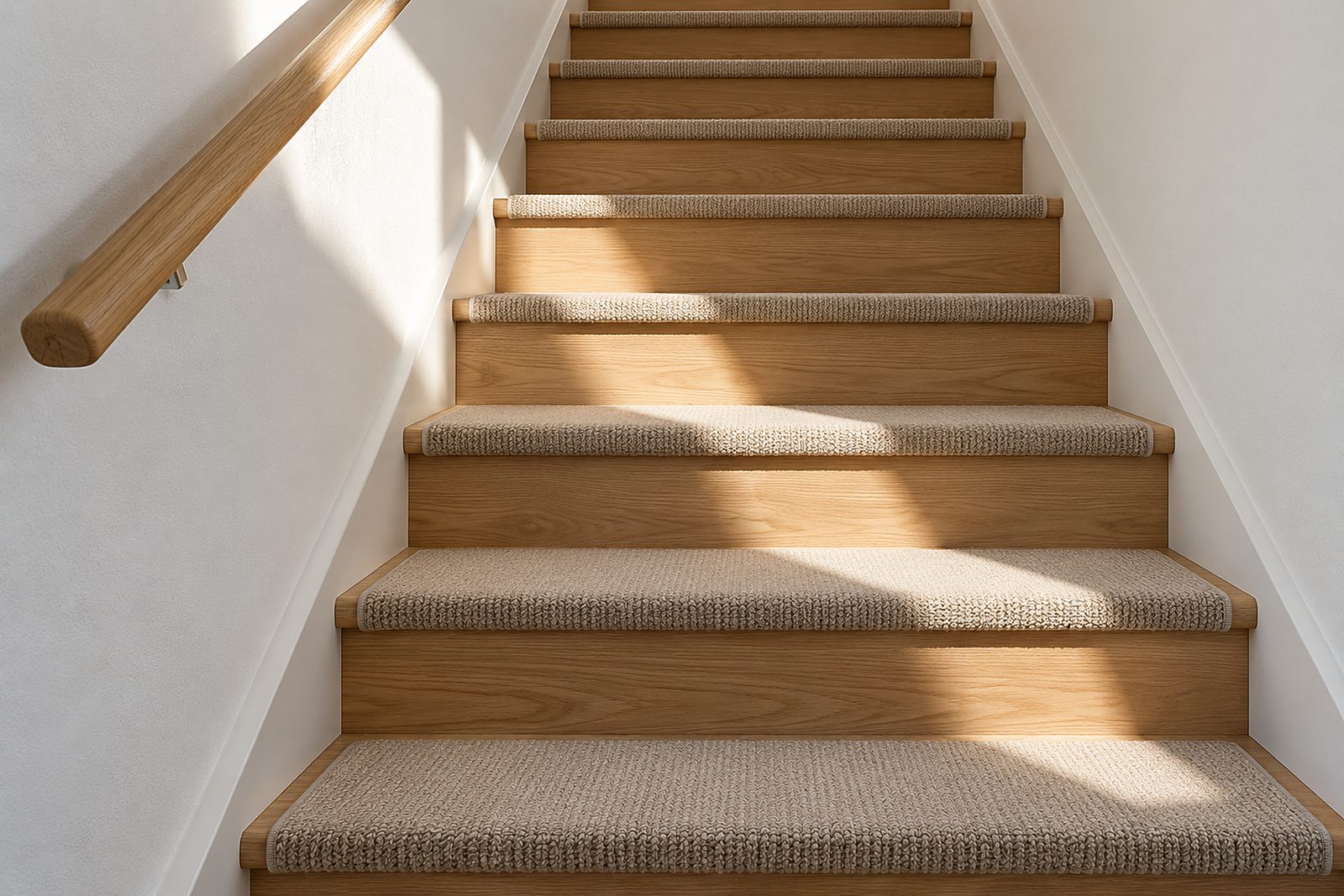 Holztreppe mit sandfarbenem Teppich auf jeder Stufe, die Kanten sauber gekettelt, ein Sonnenstreifen fällt schräg über die Stufen