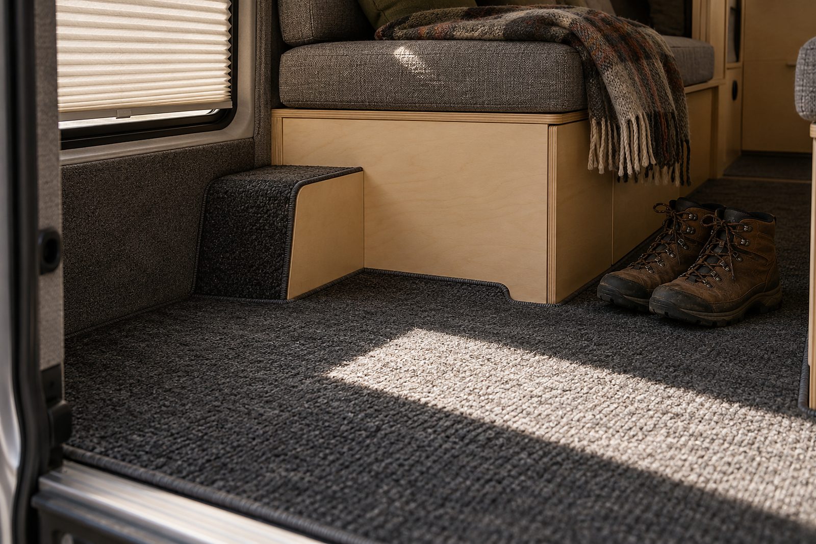 Wohnmobil von innen: anthrazitfarbener Teppichboden, passgenau um Sitzbank und Radkasten geschnitten und gekettelt, ein Sonnenfleck fällt durch das Seitenfenster