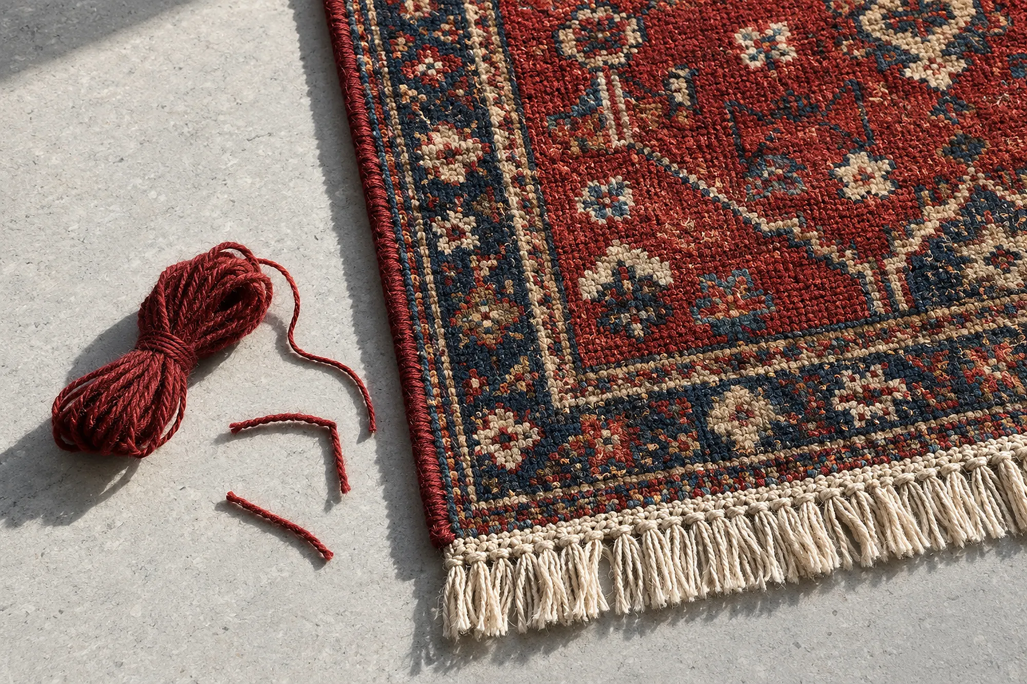 Von oben: die Ecke eines alten handgeknüpften Orientteppichs in Rot und Indigo mit Fransen und frisch umwickelter Seitenkante, daneben ein Strang roter Wolle
